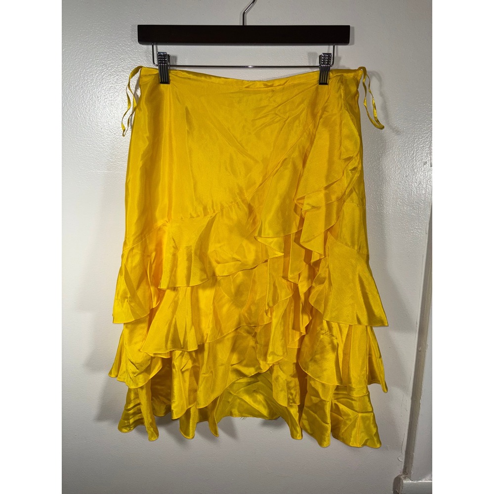Vtg Ralph Lauren Ruffle 100% Silk Skirt Sz 6 Yellow Tiered Midi Y2K Fairycore